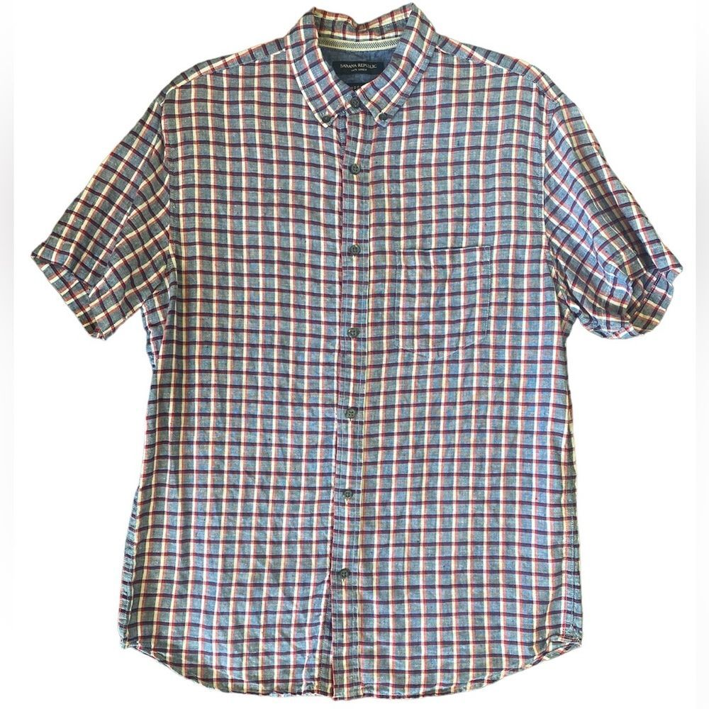 Banana Republic 100% Linen Men’s Medium Red White Blue Plaid Short Sleeve Button